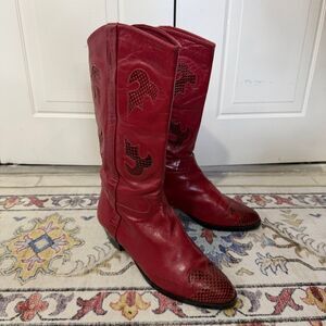 Vintage 90s Cin Cin Red Leather Cowboy Boots Women’s 6M Western Reptile Inlay